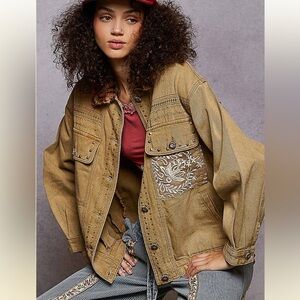 POL L Embroidered Golden Denim Jacket Studded and with Animal Print Collar